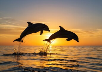 Fototapeta premium Two Dolphins Jumping Over the Ocean at Sunset