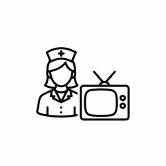 Nurse with television shows minimal line icon, representing medical care and entertainment in seamless integration. Icon shows nurse providing care, enhancing patient comfort,