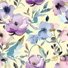 Seamless Watercolor pastel pink, lilac, and mint green flowers and leaves on a white background, Flower seamless pattern. Watercolor print in rustic vintage style, textile or wallpapers.