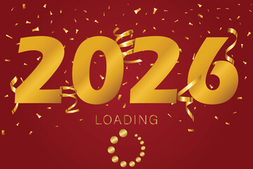 happy new year 2026 banner with dark red background, golden numbers, yellow glow, and confetti. elegant loading circle design perfect for festive cards, posters, flyers, and digital graphics.