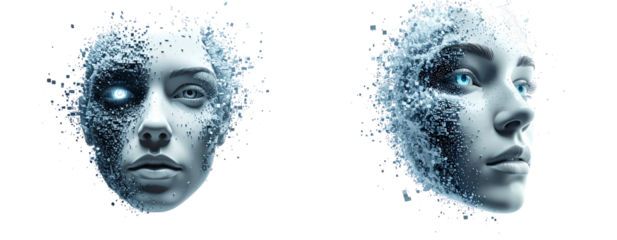 Set of Holographic Human Face Fragmenting into Pixels