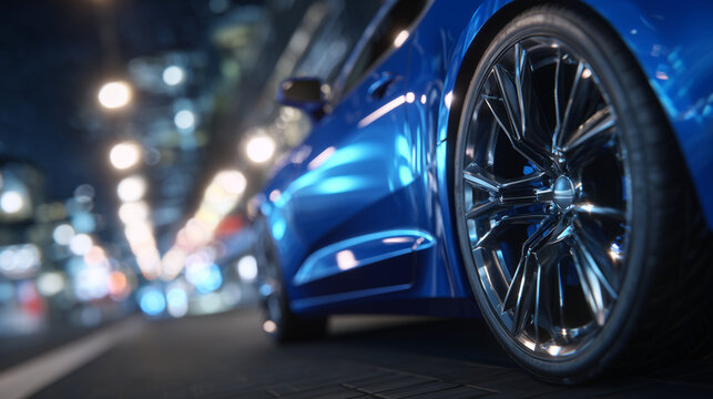 Cinematic close-up of car tire and alloy wheel, intricate spoke design and deep tread details visible, ambient lighting reflecting off polished metal surfaces