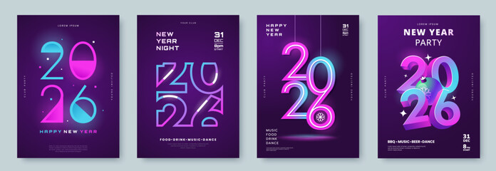 Futuristic posters for New Year 2026 celebration in neon colors. Vibrant gradient numbers 2026 on dark background. Modern glowing typography design for party invitation, club event, holiday greeting.