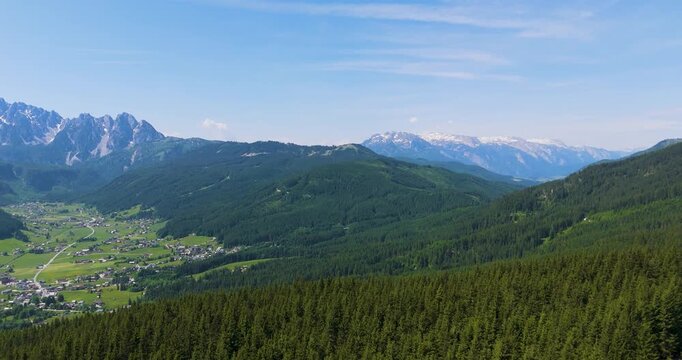Panoramic Aerial View of Gosau Valley with Dachstein Alps and Alpine Village