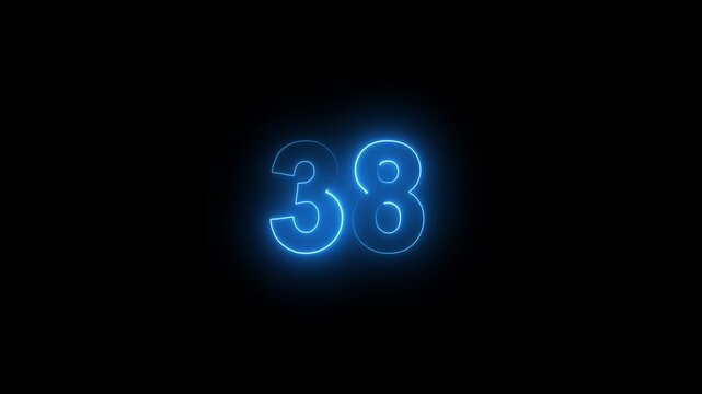 neon text 38 number countdown icon animation on black background .Bright neon glowing number 38 countdown icon.