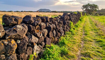 Volcanic Stone Wall in a Field.