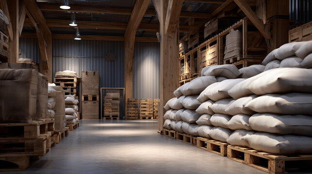 High-resolution warehouse interior with rice sacks piled on pallets, clean aisles and ambient lighting emphasizing order and readiness for shipment