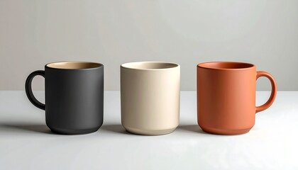 Three Ceramic Mugs in Different Colors.
