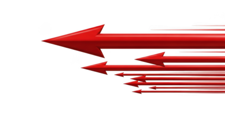 Multiple red arrows pointing right isolated on transparent background, indicating direction