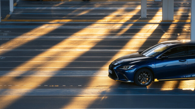 High-resolution image of a car parked in a sunlit parking lot, sunlight reflecting off polished surfaces, long shadows cast by surrounding vehicles