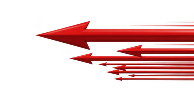 Multiple red arrows pointing right isolated on transparent background, indicating direction - Powered by Adobe