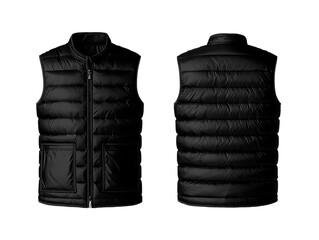 Black  front and back view, sleeveless jacket. Isolated on transparent background,