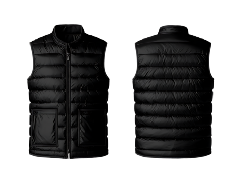 Black  front and back view, sleeveless jacket. Isolated on transparent background,