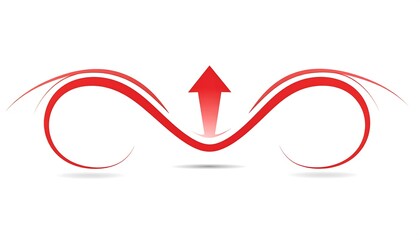 A flowing red graphic resembling an infinity symbol with an upward-pointing arrow in the center, set against a white background with a shadow