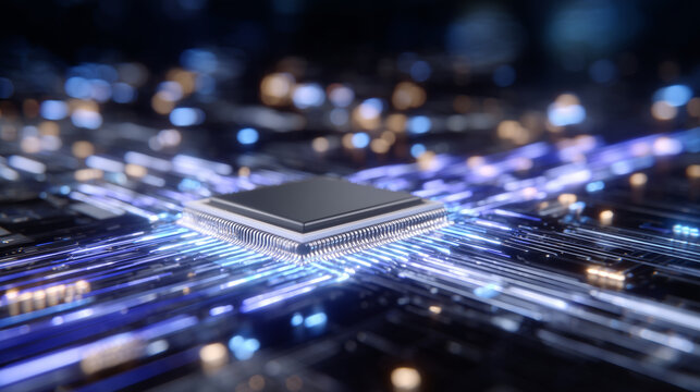 Close-up of a sleek AI chip glowing with neon circuits, data streams flowing around it, symbolizing fast processing and energy trading in a futuristic digital environment