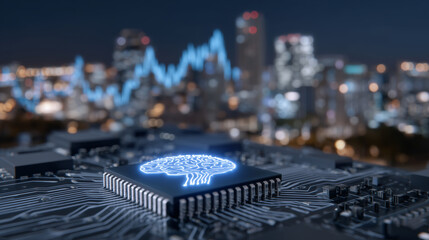 AI chip embedded in a circuit board, glowing neural pathways transmitting data at high speed, abstract digital energy trading interface in background