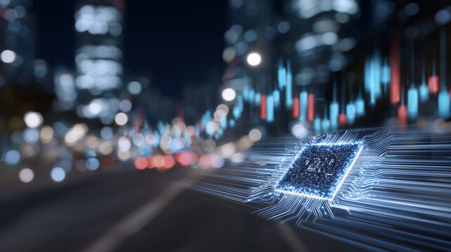 Futuristic high-resolution close-up of AI chip, dynamic light trails representing high-speed data transmission, holographic energy market charts surrounding it