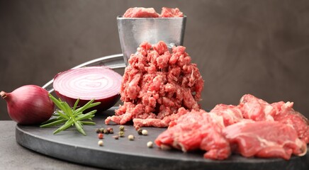 Making minced meat with grinder and spices on grey table, closeup