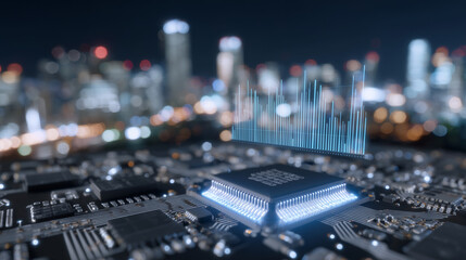 Close-up of an advanced AI chip, illuminated connections transmitting data, holographic charts of energy trading hovering above circuit board