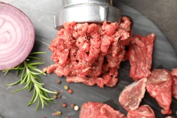 Making minced meat with grinder and spices on grey table, top view