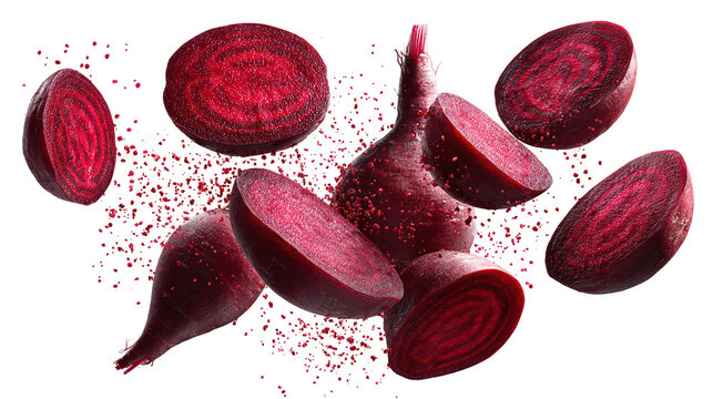 flying red beetroot and half slices isolated on transparent white background,