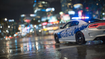 Fototapeta premium Close-up of a police car with active lights, urban nighttime scene, reflections of neon and streetlights on wet road surfaces