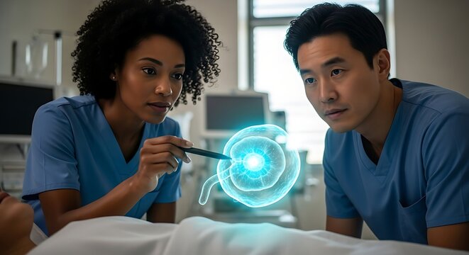 Doctors examining holographic scan of patient's eye in hospital operating room, showcasing advanced medical technology and collaborative care.