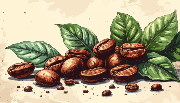 Roasted coffee beans with green leaves and scattered seeds