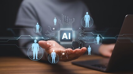 A human hand holding an ai circuit board with connected people representing artificial intelligence