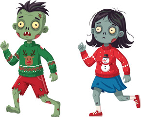 Zombie kids in Christmas sweaters, cartoon festive horror, spooky holiday fashion, Halloween meets Christmas, funny undead children, stitched skin, running pose