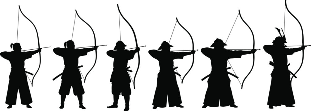 Kyudo archers silhouette, traditional Japanese archery, yumi bow stance, martial arts discipline, cultural heritage, precision posture, black vector illustration, samurai spirit