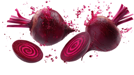 flying red beetroot and half slices isolated on transparent white background,