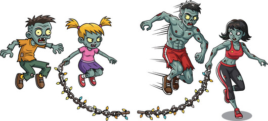Zombie kids jump rope, cartoon undead playtime, festive lights rope, spooky fun activity, Halloween illustration, funny horror scene, athletic zombies