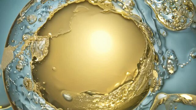 The foam bubbles transform into a floating galaxy-like pattern larger ceramide planets connected thin fluid membranes. The surface shimmers with golden impression of luxury skincare at a microscopic