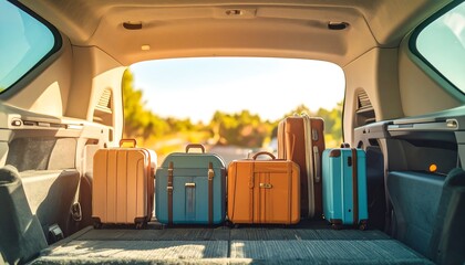 Suitcases Packed in Car Trunk Ready for Road Trip.