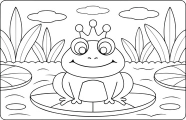 A charming cartoon frog prince wearing a tiny crown sits upon a lily pad in a serene pond