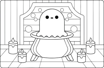 A friendly little ghost emerges from a spooky cauldron surrounded by lit candles for Halloween fun