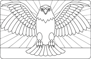 A majestic eagle with wide spread wings stares directly forward, ideal for patriotic coloring books