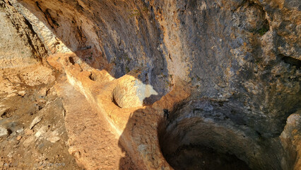 The historical rock-carved winery in the ancient city of Olba (Diocaesarea) in the Silifke district of Mersin, Turkiye