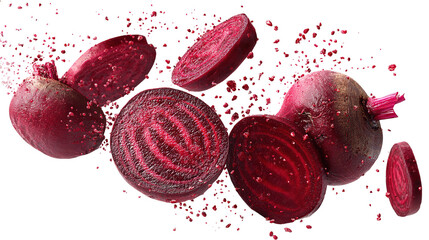 flying red beetroot and half slices isolated on transparent white background,