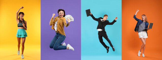Winner. Happy people celebrating victory on colorful backgrounds