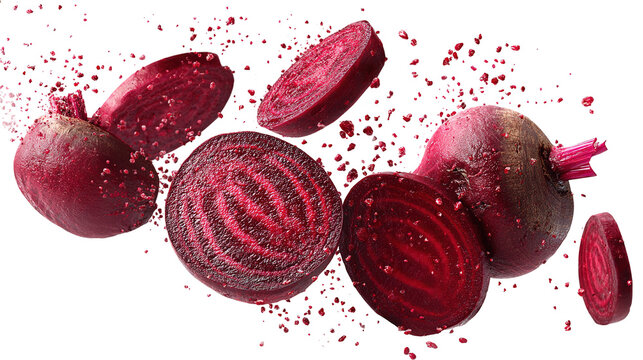 flying red beetroot and half slices isolated on transparent white background,