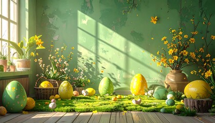 Easter Decorated Room with Eggs and Flowers.