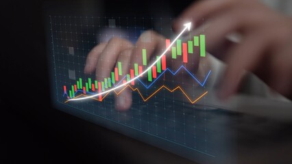 Close-up of a businessperson hands typing on a laptop keyboard while analyzing colorful financial graphs displaying an upward trend in stock market performance. Copula