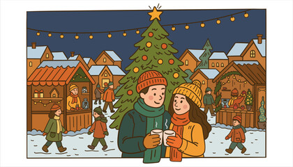 Hand-drawn festive illustration of a loving couple drinking hot beverages at a busy Christmas market. Warm lights, snowy streets, and joyful holiday atmosphere — perfect for seasonal designs.
