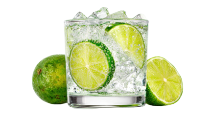 Gin tonic with sliced lime and ice in glass isolated on transparent white background