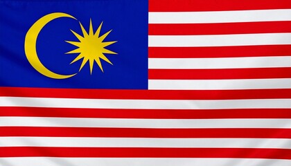 Malaysia national flag with 14 red and white stripes, blue canton featuring yellow crescent and 14-point star&mdash;symbolizing unity, Islam, and federal harmony.