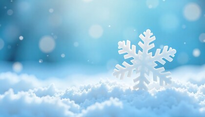 Beautiful snowflake glistening on snow with soft, warm bokeh background, creating a magical winter scene, festive winter scene, created with generative ai