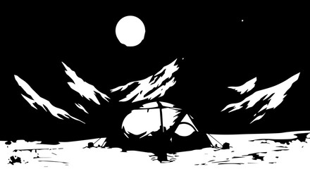 Artistic Black and White Illustration of a Lunar Base Tent and Mountains.