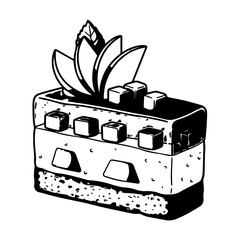 Artistic Black and White Illustration of a Layered Dessert Cake with Cubes and Leaves.